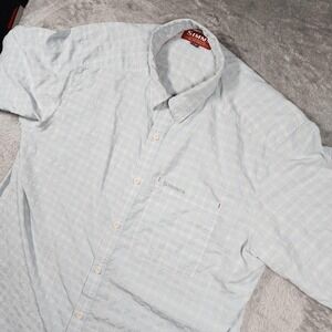 Simms Shirt Mens 2XL Blue Check Short Sleeve Button Up Fishing Guide Outdoor
